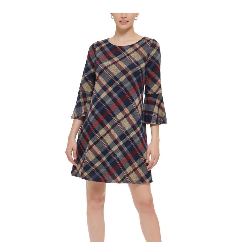 Jessica Howard Navy Red Tan Plaid Bell Sleeve Mid Thigh Pocket Dress | Medium